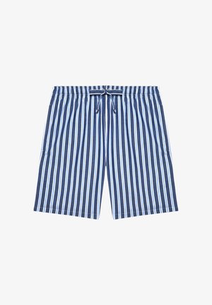 Blauw-witte korte broek met verticale strepen, voorzien van een elastische tailleband en een koord aan de voorkant, getoond op een witte achtergrond.