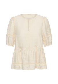 Blouse à manches courtes couleur crème avec encolure ronde, ouverture goutte d'eau devant, manches bouffantes, bordure en dentelle et ourlet évasé.