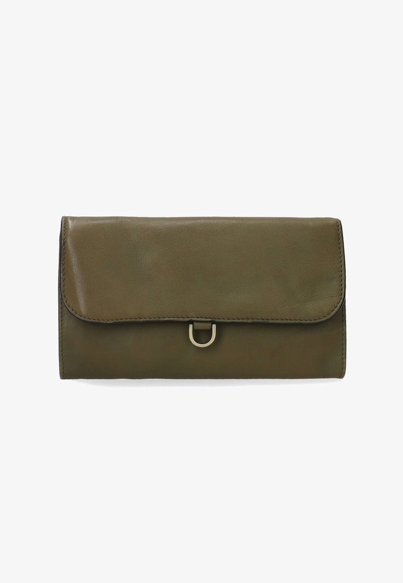 Portefeuille en cuir vert olive avec une fermeture à rabat, agrémenté d'une quincaillerie dorée et de bords cousus. Texture lisse avec un design simple.