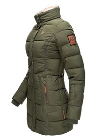 Olive green puffer jacket with a high collar, zippered pockets, and brown leather accent. Features stitched panels and a soft lining.
