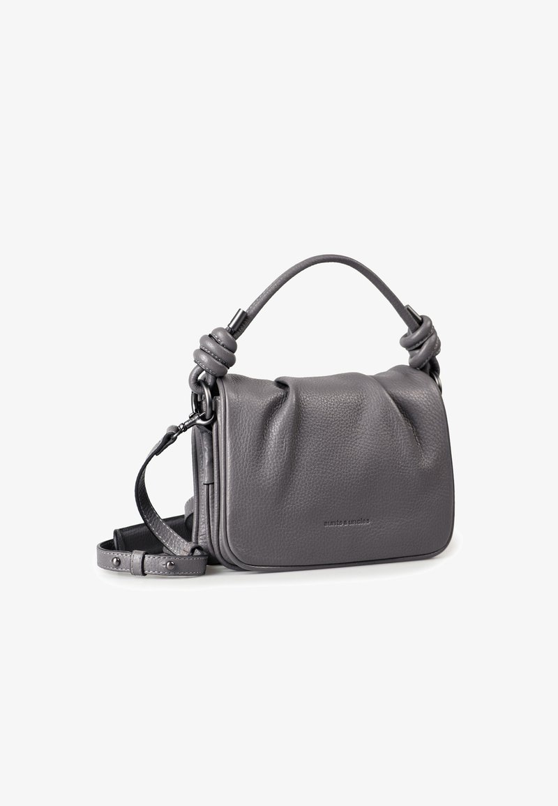 Gray leather shoulder bag with a rounded top, knotted handle detail, adjustable strap, and textured surface. Features subtle branding on the front.