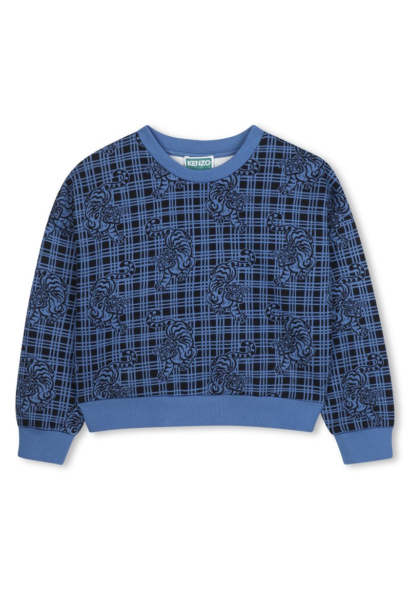 Sweatshirt bleu arborant un tigre noir et un motif à carreaux. Col et poignets côtelés, avec une coupe décontractée et une texture douce.