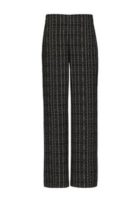 Zwart-witte patroon brede broek met een textuurstof en een rasterontwerp. De tailleband is plat zonder zichtbare hardware.