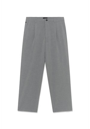 Grijze broek met een losse pasvorm, gemaakt van een getextureerde stof. Voorzien van een enkele knoopsluiting en dubbele plooien aan de voorkant voor extra stijl.