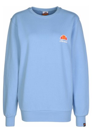 Sweat-shirt à manches longues bleu clair avec col rond et petit logo ellesse orange et blanc sur le côté gauche de la poitrine et le poignet.
