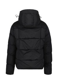 Schwarze gepolsterte Winterjacke mit Kapuze, gestepptem Design und verstellbaren Kordeln an der Kapuze, von hinten gezeigt.