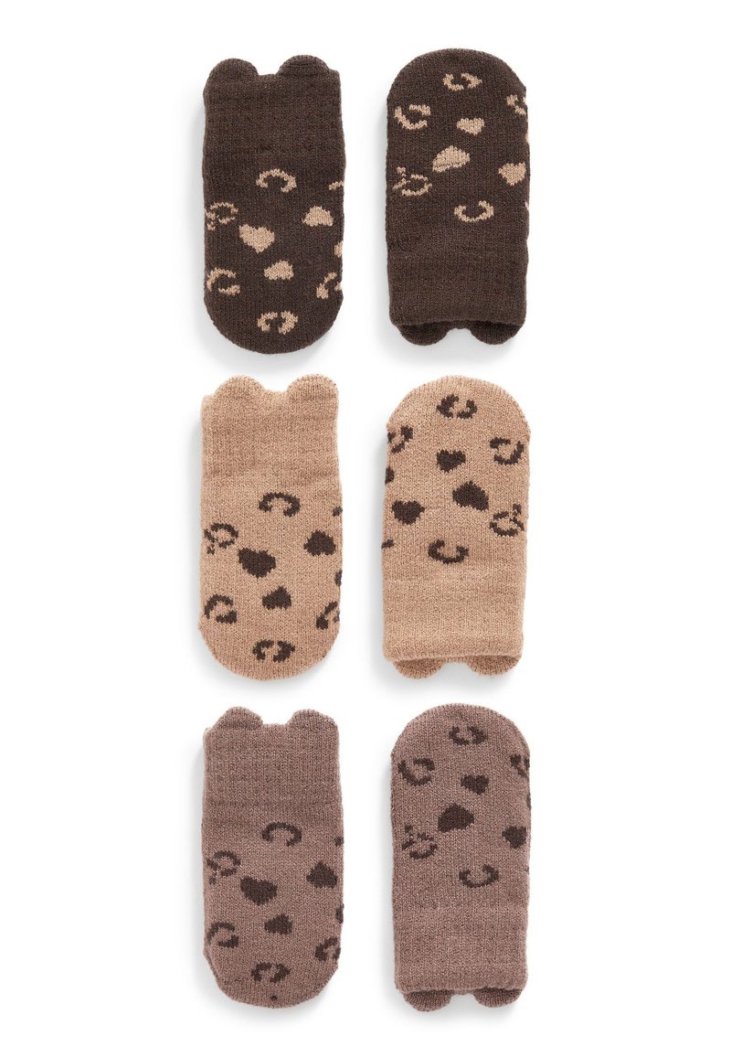 Set aus sechs Paaren von gestrickten fingerlosen Handschuhen in verschiedenen Brauntönen und Beigetönen, mit Tierdruckmustern und abgerundeten, strukturierten Oberteilen.