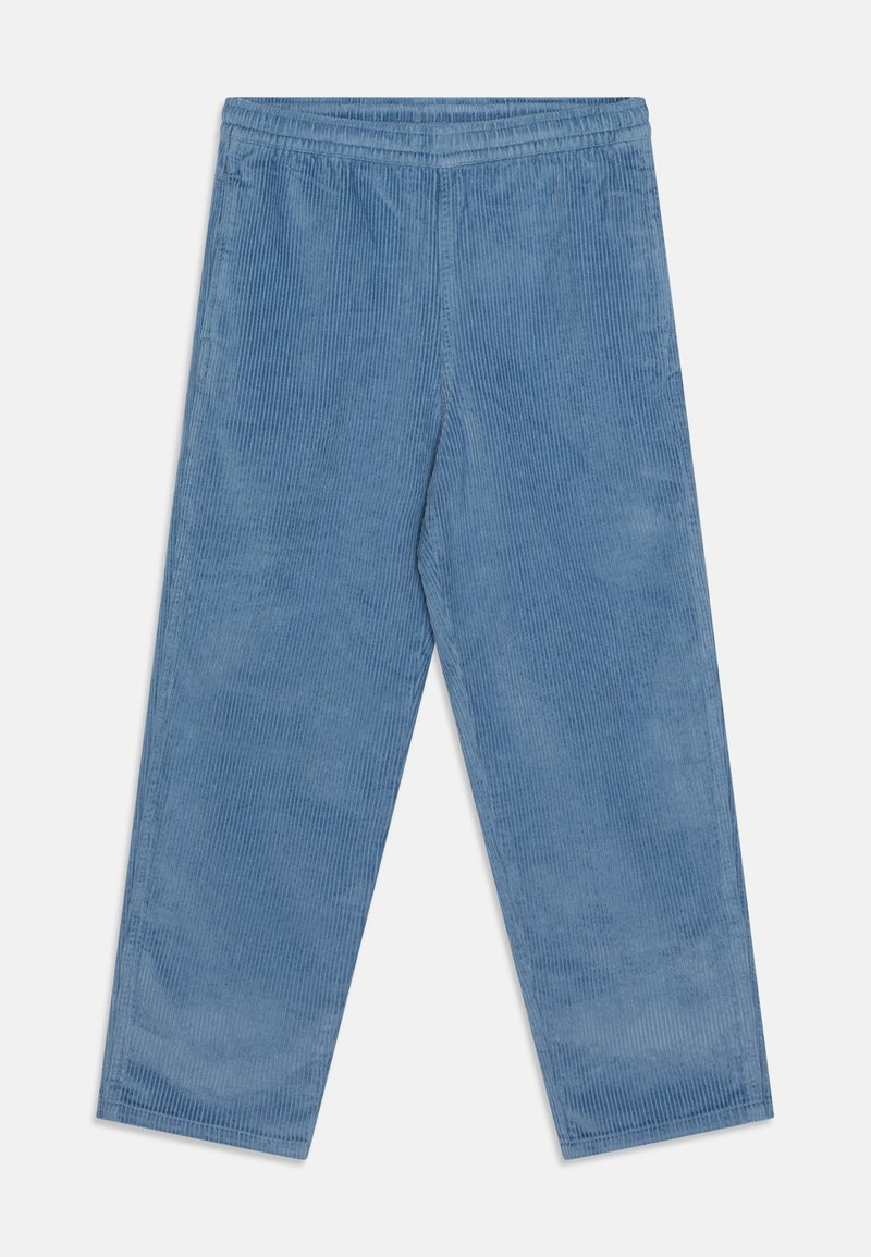 Calças de veludo cotelê azuis com cintura elástica. O tecido tem riscas verticais e um acabamento suave e texturizado. Design de perna reta sem bolsos.