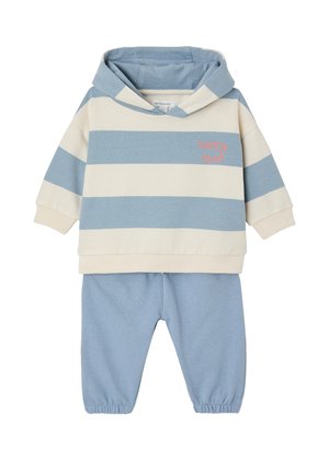 Blue and cream striped hooded sweatshirt with "happy team" text paired with solid blue elastic cuff pants for a toddler.