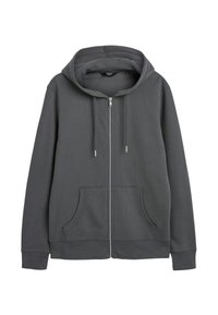 Sudadera con cremallera en gris hecha de una mezcla de algodón, con capucha ajustable, bolsillos tipo canguro, puños acanalados y una textura suave.