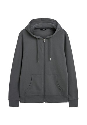 Pelēks zip-up džemperis izgatavots no kokvilnas maisījuma, ar kapuci ar auklu, kenguru kabatām, ribotām piedurknēm un gludu tekstūru.
