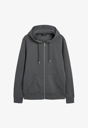 Hallidehalliga hall zip-up kapuutsiga mikrokiududest, millel on tõmbluku kapuuts, kengurukotid, ribitud mansetid ja sile tekstuur.