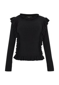 Czarny sweter z długim rękawem i prążkowanym wzorem, z falbankami wzdłuż ramion, boków, dekoltu i dołu.