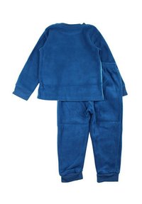 Ensemble de pyjama en polaire bleu, comprenant un haut à manches longues et un pantalon. Texture douce, poignets et taille élastiques, sans motifs ni accents visibles.