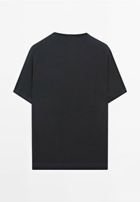 Black short-sleeve t-shirt with a ribbed texture, crew neckline, and a straight cut. No visible graphics or patterns.