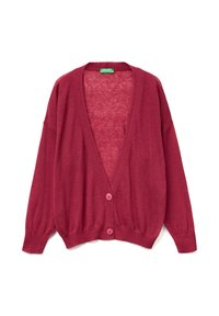Burgundský kardigan vyrobený z lehkého pleteného materiálu, s véčkovým výstřihem, dlouhými rukávy a dvěma růžovými knoflíky vpředu.