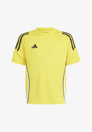 Yellow athletic T-shirt with black accents, featuring short sleeves, a crew neck, and three black stripes on the shoulders.