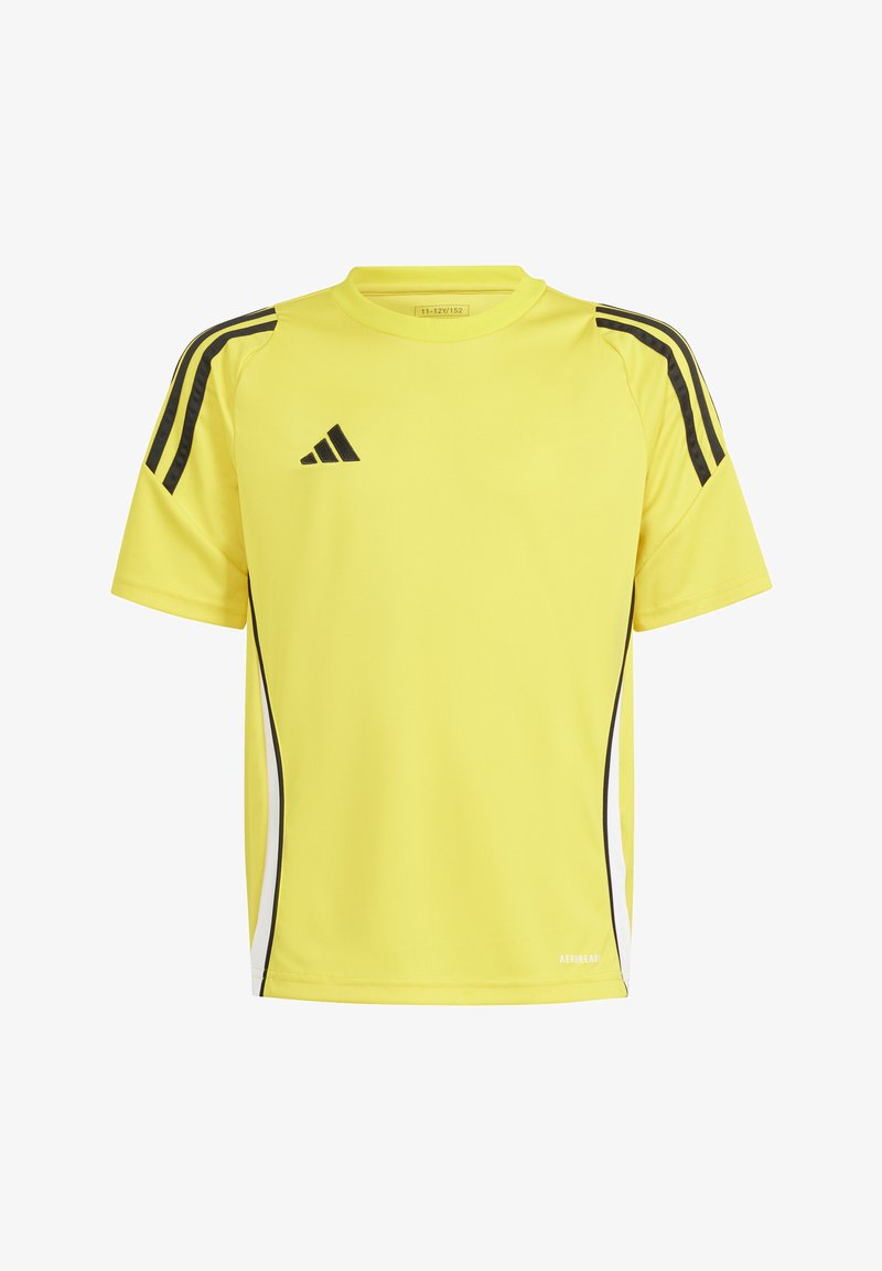Geel sport T-shirt met zwarte accenten, voorzien van korte mouwen, een ronde hals, en drie zwarte strepen op de schouders.