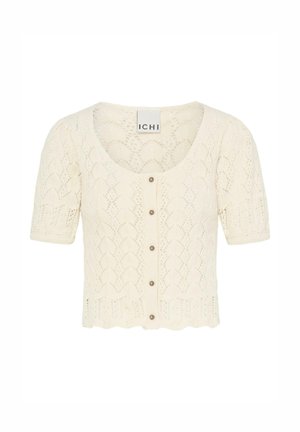 Cremefarbener Kurzarmstrickcardigan mit gewellten Kanten, Knopfleiste vorne und filigranem Spitzenmuster, mit dem Label ICHI.