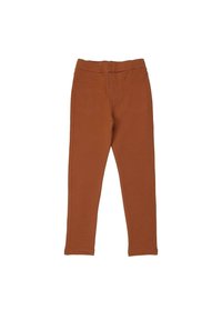 Braune Leggings aus weichem Stoff, mit einem elastischen Taillenbund, zwei falschen Fronttaschen und einer schmalen Passform mit gesteppten Nähten.