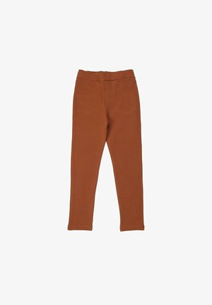 Brown leggings made of soft fabric, featuring an elastic waistband, two faux front pockets, and a slim fit with stitched seams.