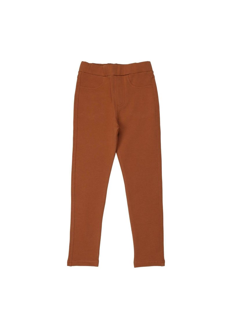 Braune Leggings aus weichem Stoff, mit einem elastischen Taillenbund, zwei falschen Fronttaschen und einer schmalen Passform mit gesteppten Nähten.