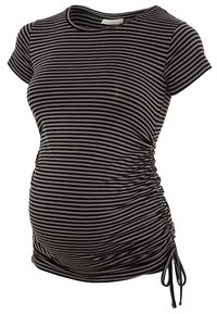 Czarna i szara pasiasta koszulka ciążowa z krótkimi rękawami, marszczonymi bokami oraz regulowanymi tasiemkami na dole dla dopasowanego kształtu. Miękki materiał.