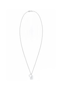 Silver chain necklace featuring a textured rectangular pendant and a smooth circular charm. Simple design with a polished finish.