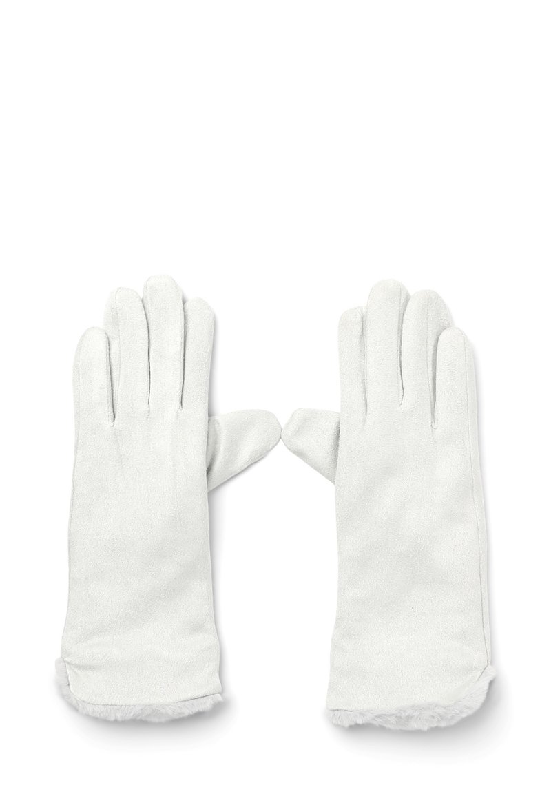 Guanti bianchi realizzati in un tessuto morbido con una texture liscia. Presentano un rivestimento morbido simile alla pelliccia ai polsi per un comfort e un calore aggiuntivi.