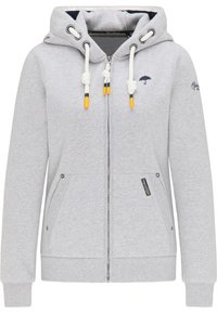 Felpa grigia con zip realizzata in tessuto morbido, con cappuccio regolabile con cordino, tasche frontali e dettagli del logo. Polsini e orlo a coste.