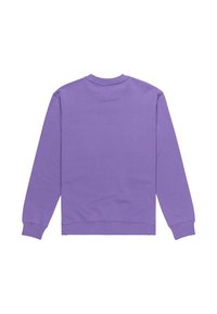 Sweat-shirt violet à manches longues et col rond, montré de dos avec des poignets et un ourlet côtelés sur un fond blanc.