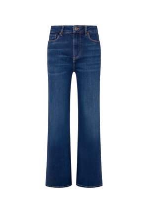 Mørkeblå denim jeans med høj talje, vidde ben design og kontrasterende syninger. Har fem lommer og knaplukning.