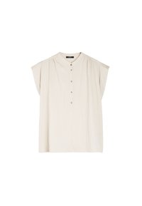 Krótki rękaw, bluzka w kolorze kremowym, wykonana z lekkiego materiału, z kołnierzykiem mandarynkowym i guzikami z przodu.