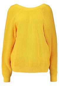 Żółty dziergany sweter o szerokim dekolcie, długich rękawach typu raglan, ściągaczach na mankietach i dole. Struktura jest luźna, co zapewnia swobodny fason.