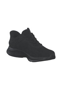 Schwarze Sportschuhe mit einem atmungsaktiven Strick-Obermaterial, Schnürdesign, runder Zehenpartie, strukturiertem Außensohle und einer gepolsterten Sohle für Komfort.
