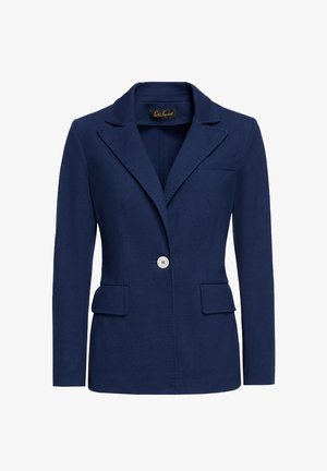 Granatowa marynarka wykonana z teksturowanej tkaniny, z zapięciem na jeden guzik, klasycznymi klapami i dwiema przednimi kieszeniami.