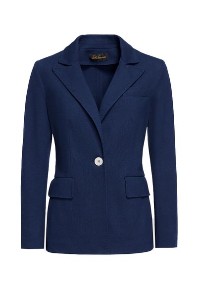 Marineblauwe blazer van textuurstof, met een enkele knoopsluiting, ingeknipte revers en twee voorzakken.