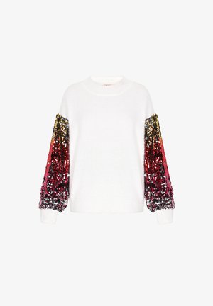 White sweater with wide, textured sleeves covered in gradient sequin embellishments transitioning from gold to red and black. Round neckline.