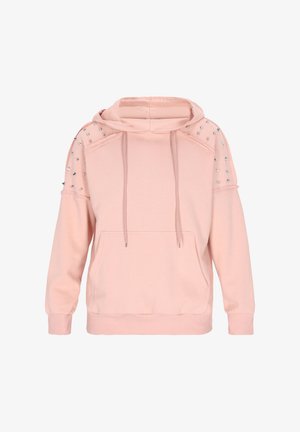 Růžová mikina vyrobená z měkké tkaniny, s rýžovými hroty na ramenou, přední kapsou a nastavitelnými šňůrkami připojenými k kapuci.