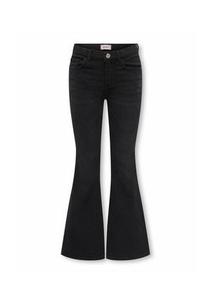 Sorte højtaljede flare jeans med knap foran, bæltestropper og fem-lomme design, vist mod en hvid baggrund.