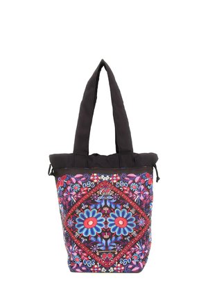 Borsa tote nera con manici larghi, con motivo floreale ricamato colorato in blu, rosso, rosa e viola sul pannello frontale.