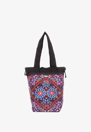 Borsa tote nera con manici larghi, con motivo floreale ricamato colorato in blu, rosso, rosa e viola sul pannello frontale.