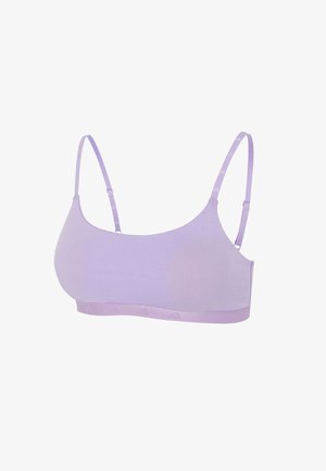 Lila elastische BH mit glatter Textur, verstellbaren Trägern und einem band mit eingeprägtem Logo. Leicht und minimalistisches Design.