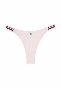 Perizoma rosa con cintura elastica a strisce che presenta accenti rossi, bianchi e blu. Tessuto morbido, copertura minima e dettaglio con logo.