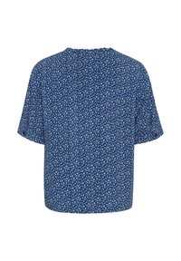 Mėlyna trumpomis rankovėmis palaidinė su gėlių raštu, laisvas kirpimas, apvalus iškirpimas ir minkšta medžiaga su tekstūruotu paviršiumi.