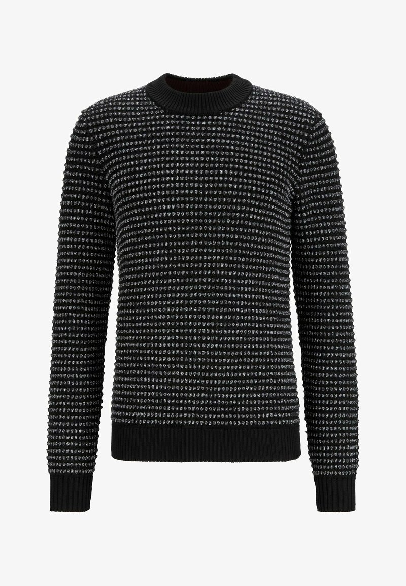 Pull noir à col rond avec motif en tricot gris texturé à pois, poignets, encolure et ourlet côtelés.