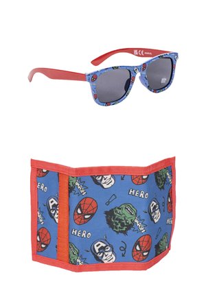 Children’s sunglasses with red arms and blue frames featuring superhero faces, paired with a matching blue and red superhero-themed wallet.