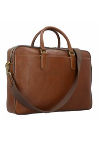 Valigetta in pelle marrone con due manici superiori e una tracolla rimovibile. Presenta hardware dorato e una superficie liscia e granulosa.
