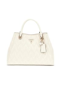 Weißer, gesteppten Handtasche mit Zickzackmuster, versehen mit zwei Tragegriffen, goldfarbener Hardware und einem dekorativen Charm. Etiketten sichtbar.