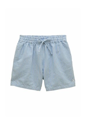 Blue and white vertical striped casual shorts with elastic waistband and front drawstring, small logo on lower left leg.
